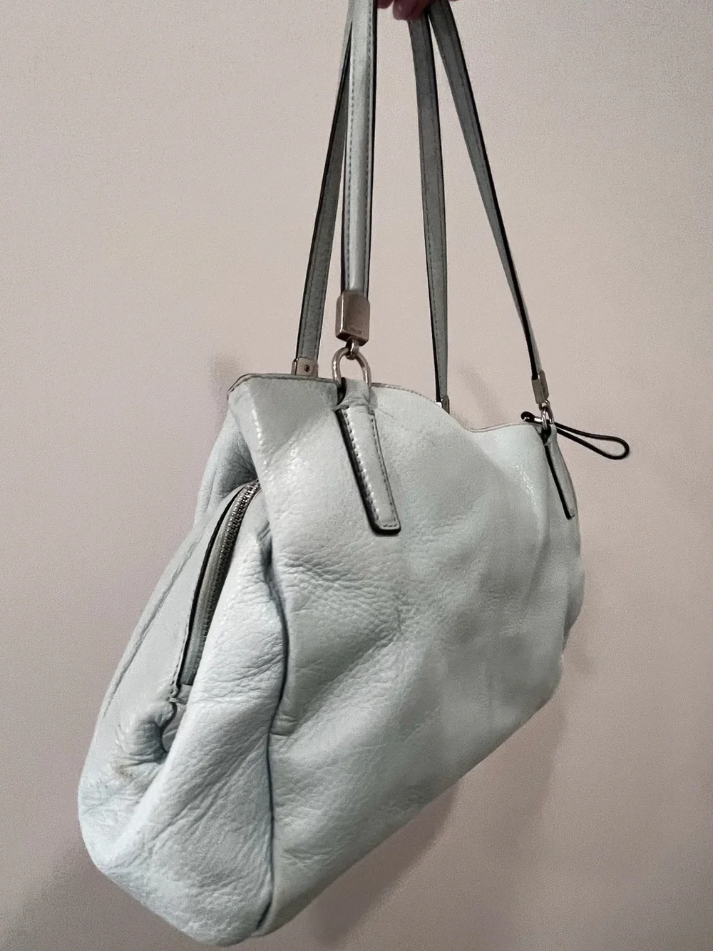 Coach Pebbled Leather Light Blue Triple Compartment Tote Shoulder Bag